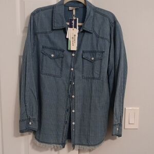 NWT Super Cute Striped Button-Up Shirt with Fringe Bottom